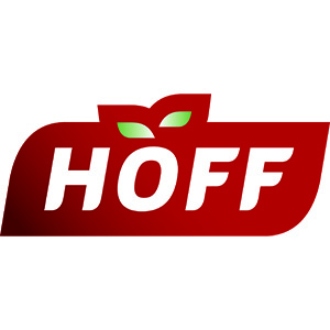 Hoff logo hvit på rød bakgrunn. Grafikk.
